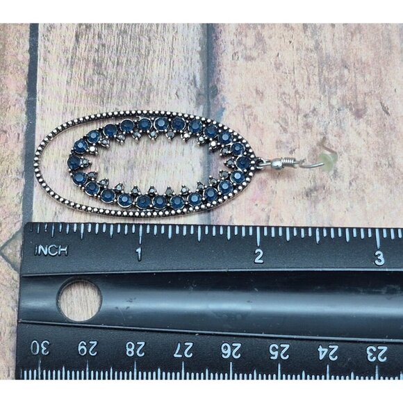 Silver Tone & Blue Crystal Large Dangle Double Hoop Earrings Pierced 2.5" - Picture 5 of 5